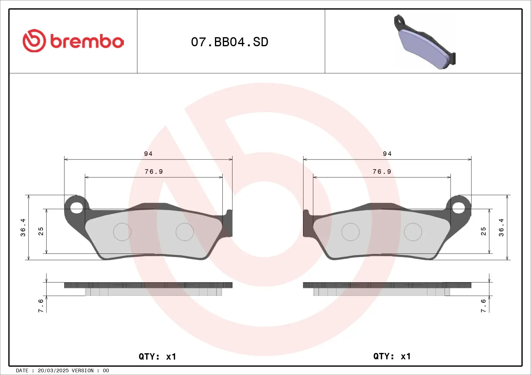 Brembo B-07BB04SD Off Road (SD) Sintered Rear Brake Pad (07BB04.SD) - Image 3