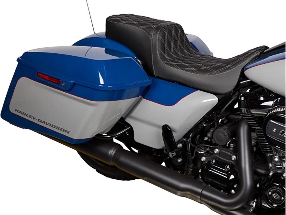 Drag Specialties DS-0801-1492 Performance Predator 2-Up Dual Seat w/Silver Double Diamond Lattice Stitch for most Harley-Davidson Touring 08-24 - Image 3