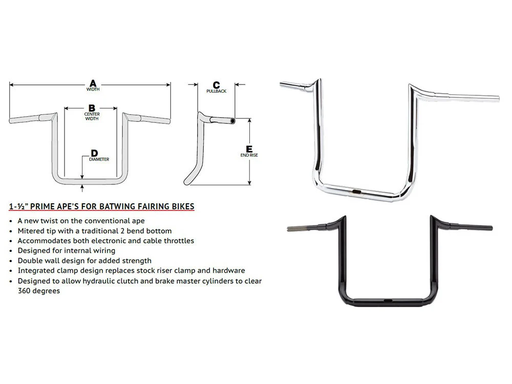 LA Choppers LA-7356-12BLK 12" x 1-1/2" Grande Prime Ape Handlebar Gloss Black for Harley-Davidson Ultra 14-Up Models/Street Glide 14-23 - Image 2