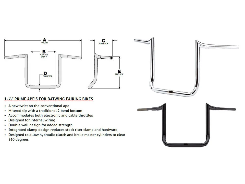 LA Choppers LA-7356-16BLK 16" x 1-1/2" Grande Prime Ape Handlebar Gloss Black for Harley-Davidson Ultra 14-Up Models/Street Glide 14-23 - Image 2