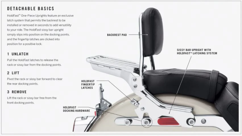 Quick Detachable Sissy Bar & Pad Chrome Kit (inc Docking Hardware) suits Softail Models FXFB FXFBS Fatbob 18-up - Image 7