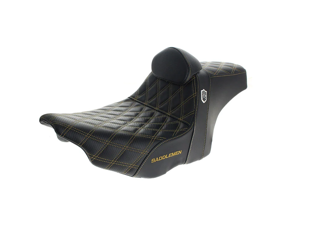 Saddlemen SAD-SC82307DB7 San Diego Customs Pro Series Performance Gripper Dual Seat w/Backrest & Gold Stitch for Harley-Davidson CVO Touring 23-Up/Street Glide/Road Glide 24-Up/Touring 25-Up
