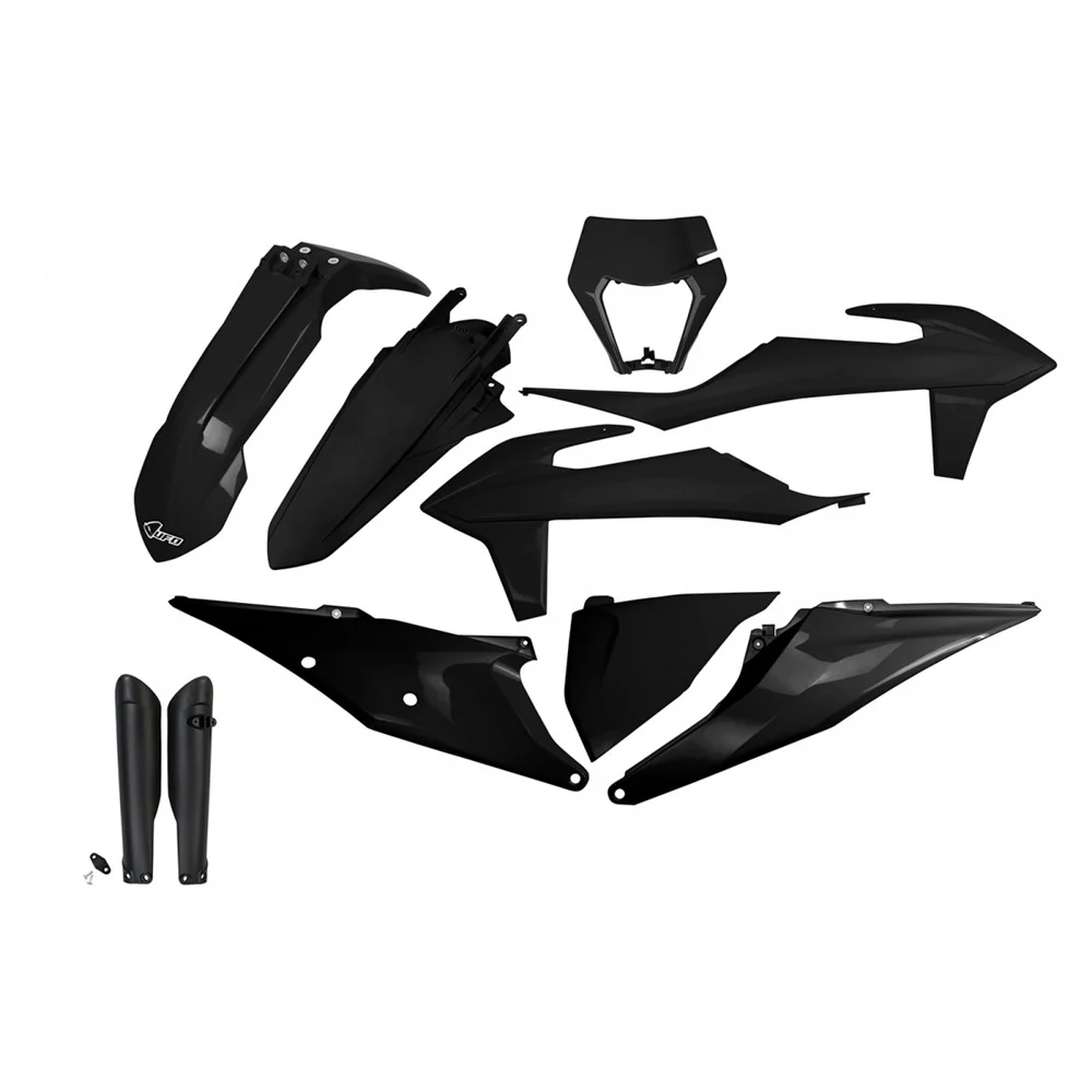 UFO Full Plastics Kit Black w/Headlight Shroud for KTM EXC 125 20-21/EXC 150/EXC 250/EXC-F 250/EXC 300/EXC-F 350/EXC-F 450/EXC-F 500/EXC 250 TPI/XC-W 250 TPI/EXC 300 TPI 20-23